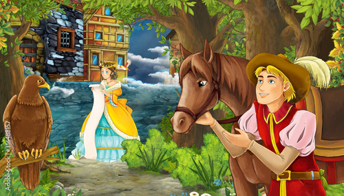 cartoon scene with princess in the forest near the city street and prince romantic illustration for children