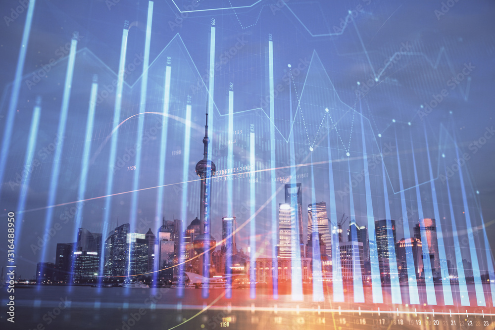 Forex chart on cityscape with tall buildings background multi exposure. Financial research concept. Forex chart on cityscape with tall buildings background multi exposure. Financial research concept.