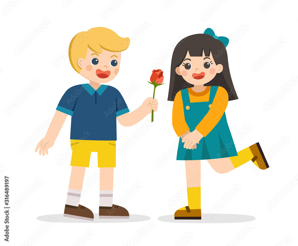 An enamored boy is giving a rose to girl. Little boy in love giving cute girl. Couple propose with flower. Couple on romantic date. An enamored boy is giving a rose to girl. Little boy in love giving cute girl. Couple propose with flower. Couple on romantic date.