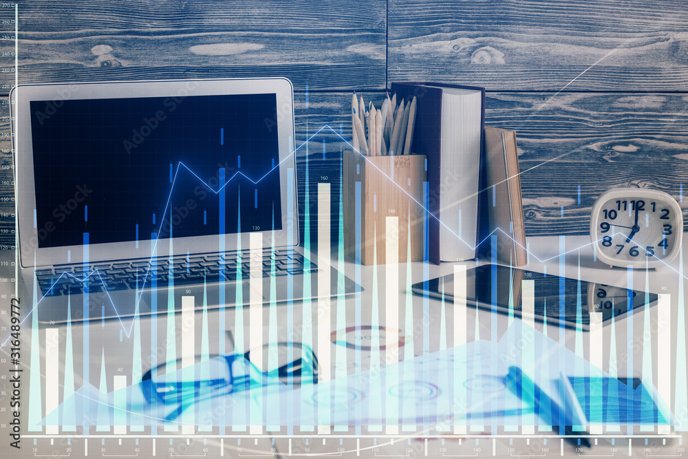 Double exposure of graph and financial info and work space with computer background. Concept of international online trading. Double exposure of graph and financial info and work space with computer background. Concept of international online trading.