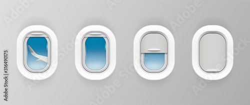 Airplane window set. Plane portholes for banner. Realistic illuminator. View from jet on the wing. Porthole shutter, curtain positions. Travel sign. Vector illustration. photo