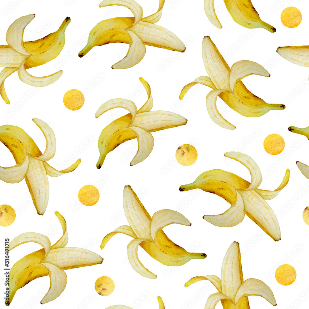 seamless hand drawn watercolor pattern background with vibrant colors with ripe yellow bananas, exotic tropical fruits. Intense colors, healthy food, for kitchen, textile and wallpaper with polka dot