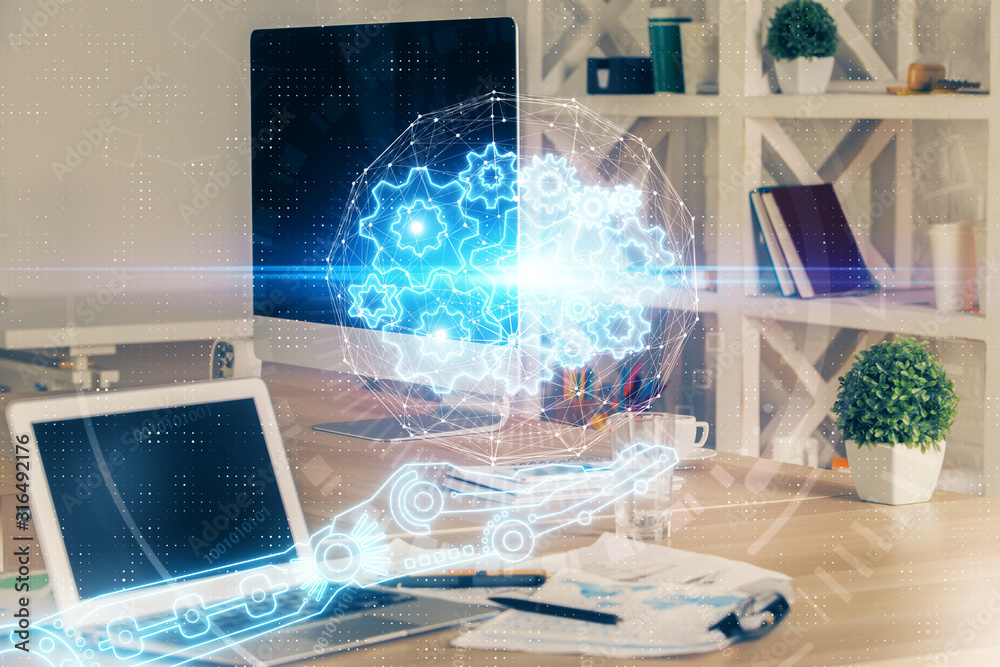 Multi exposure of computer on background and technology theme drawing. Concept of innovation. Multi exposure of computer on background and technology theme drawing. Concept of innovation.
