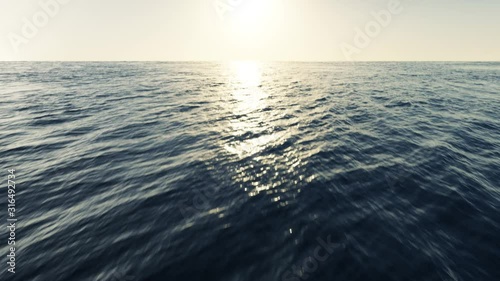 Cinematic angle aerial view of flying over the Ocean at sunset . 3d animation rendering .