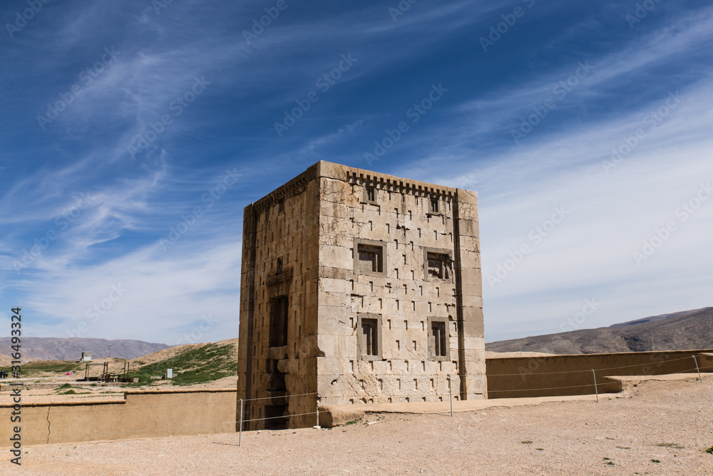 Cube of Zoroaster, a cube-shaped construction in the foreground, against the backdrop of Naqsh-e Rostam Necropolic located about 12 km northwest of Persepolis, in Fars Province, Iran