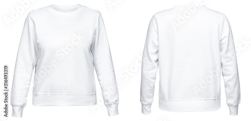 White female sweatshirt with long sleeve mockup for your design isolated on white background. Template pullover front and back side view