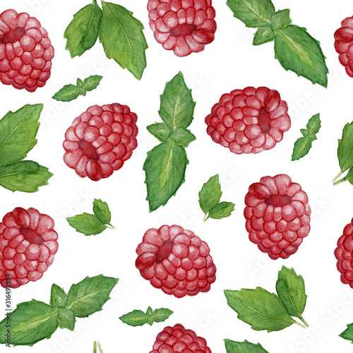 seamless hand drawn watercolor pattern background with vibrant colors red raspberry green mint berry berries fruits. Intense colors, healthy food, for kitchen, textile and wallpaper vegetarian vegan