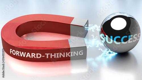 Forward thinking helps achieving success - pictured as word Forward thinking and a magnet, to symbolize that Forward thinking attracts success in life and business, 3d illustration photo