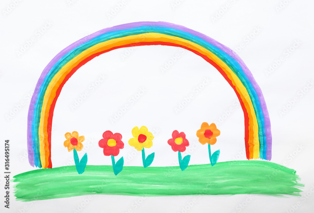 Naklejka premium Child's painting of flowers and rainbow on white paper