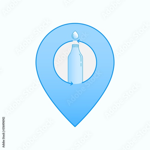 Water drop and bottle outline icon inside location service symbol. Bottle-refill point. Vector illustration icon design style.