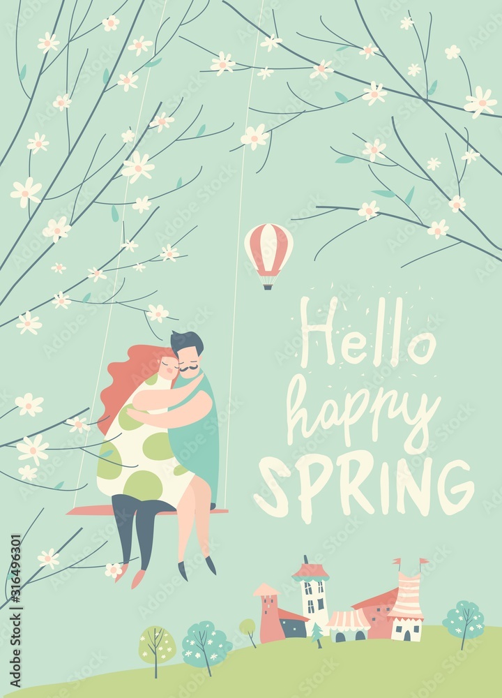Fototapeta premium Cartoon happy couple in love riding on swing in spring garden