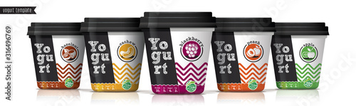 Yogurt vector packaging design. Fruit and nuts yogurt set.