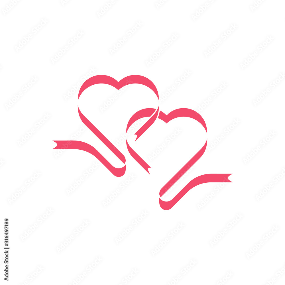 Love Heart ribbon logo icon illustration vector template. ribbons in shape of hearts for love concept, wedding or Valentine day. Vector illustration isolated on white background. 