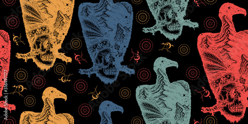 Vulture double exposure. Seamless pattern. Packing old paper, scrapbooking style. Vintage background. Medieval manuscript, engraving art. Skull and mountains. Symbol of life and death