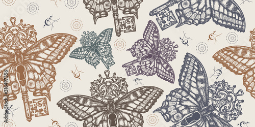 Butterfly and magic key seamless pattern. Packing old paper, scrapbooking style. Vintage background. Medieval manuscript, engraving art. Mystical symbol of freedom, spiritual search, flight, travel