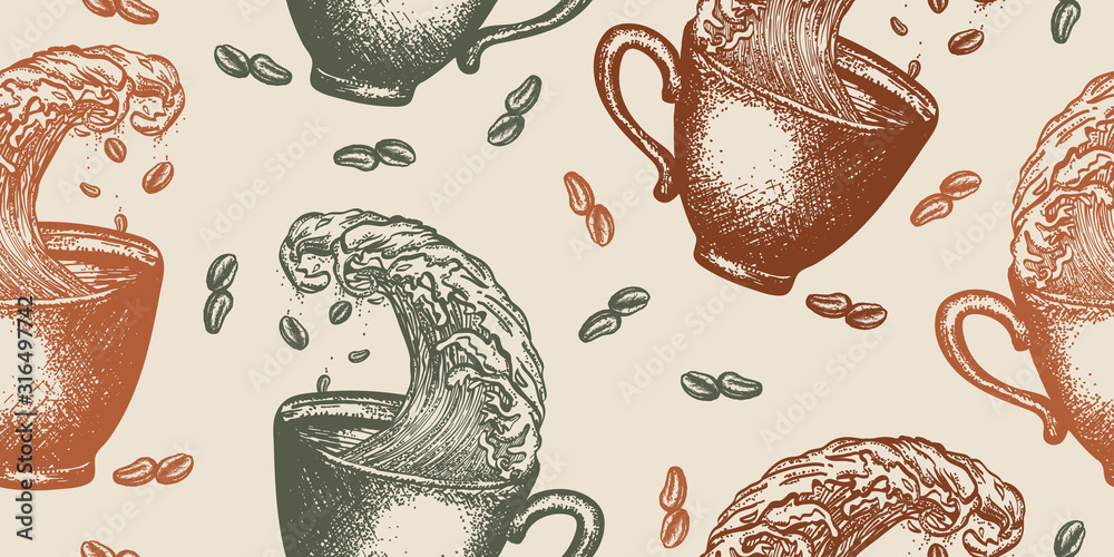 Fototapeta Storm in a cup of coffee. Seamless pattern. Packing old paper, scrapbooking style. Vintage background. Medieval manuscript, engraving art