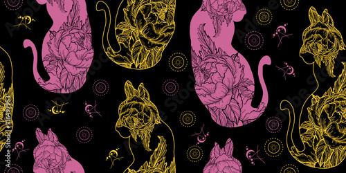 Canvas Print Cats and roses flowers