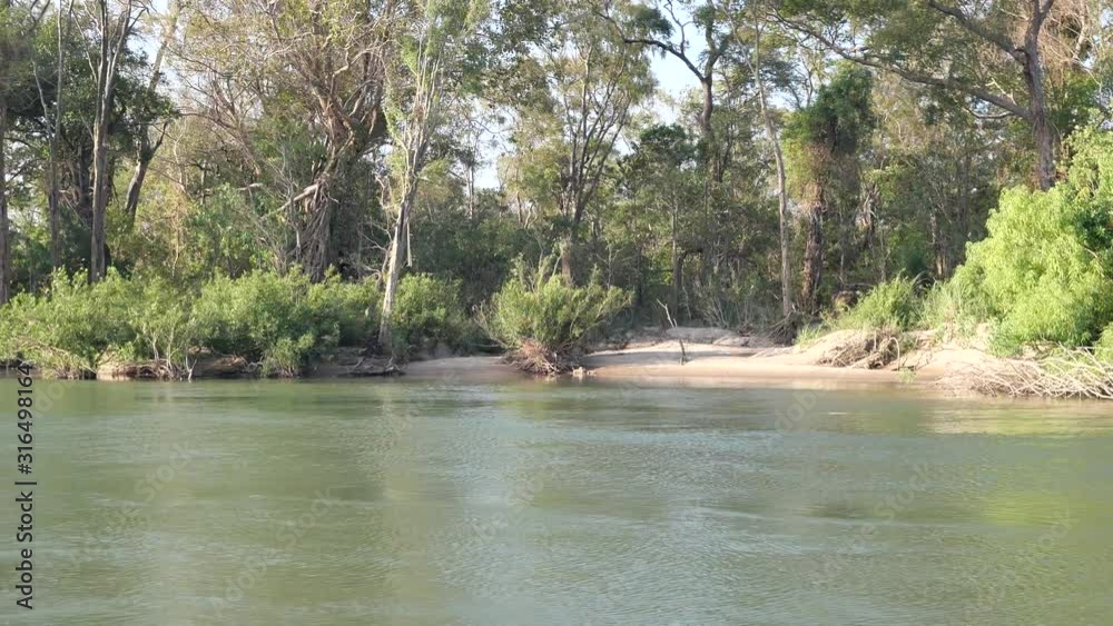Forest and green plant on the beach of the island in the Mekong River at Stung Treng in Cambodia, Trees and blue sky reflecting on the water surface Forest and green plant on the beach of the island in the Mekong River at Stung Treng in Cambodia, Trees and blue sky reflecting on the water surface