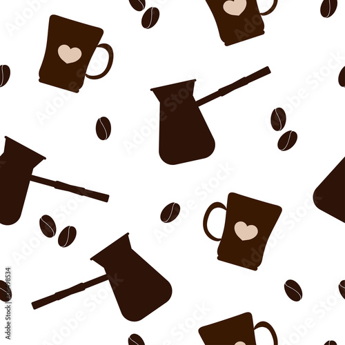  Seamless pattern: silhouettes of coffee beans, mugs and turks of brown color on a white background. vector. illustration