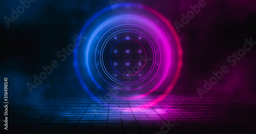 Background of empty stage, room. Reflection on wet pavement, concrete. Neon blurry lights. Neon circle figure in the center, smoke