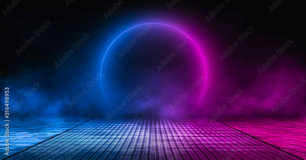Background of empty stage, room. Reflection on wet pavement, concrete. Neon  blurry lights. Neon circle figure in the center, smoke Stock Photo | Adobe  Stock
