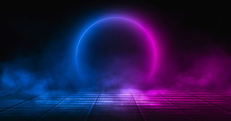 Background of empty stage, room. Reflection on wet pavement, concrete. Neon blurry lights. Neon circle figure in the center, smoke