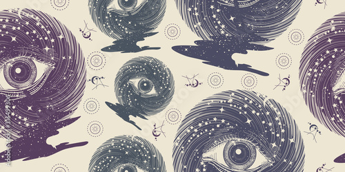 All seeing eye in space among stars. Seamless pattern. Packing old paper, scrapbooking style. Vintage background. Medieval manuscript, engraving art. Freemason and spiritual symbols