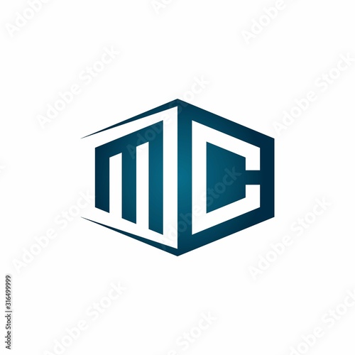MC monogram logo with hexagon shape and negative space style ribbon design template