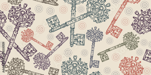 Crossed keys. Seamless pattern. Packing old paper, scrapbooking style. Vintage background. Medieval manuscript, engraving art