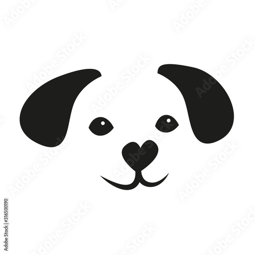 Stilisiertes Gesicht eines niedlichen Hunde-Welpen in. schwarz weiß mit einem Herz als Nase