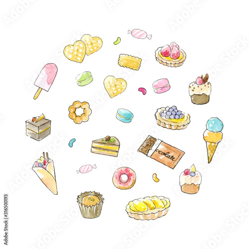 スイーツ　手描き水彩イラスト　サークル