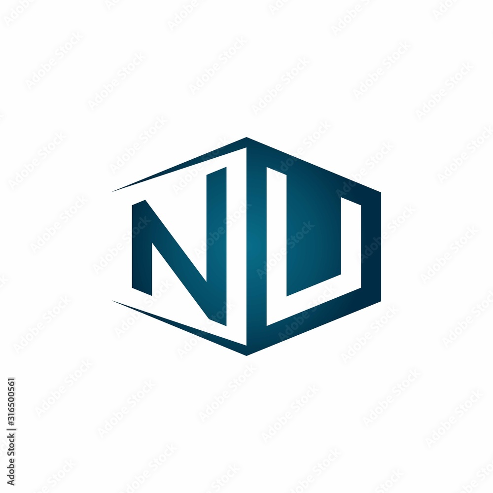NU monogram logo with hexagon shape and negative space style ribbon design template NU monogram logo with hexagon shape and negative space style ribbon design template