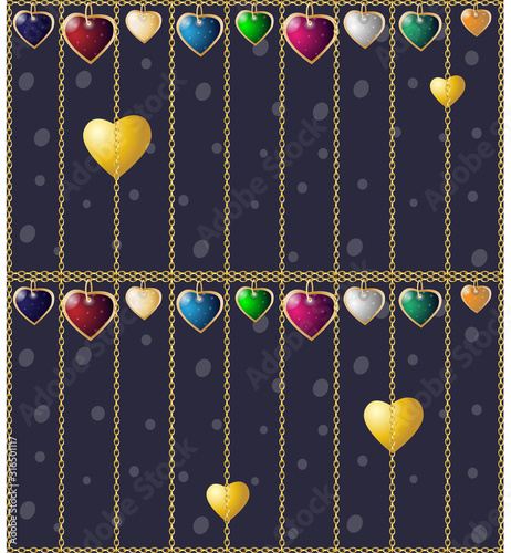 Valentines seamless background. Colorful heart pendants. Chain cages on a dark background