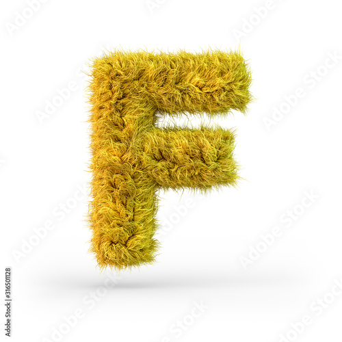 Capital letter F. Uppercase. Yellow fluffy and furry font. 3D