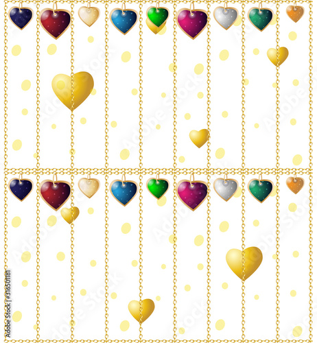 Valentines seamless background. Colorful heart pendants. Chain cages