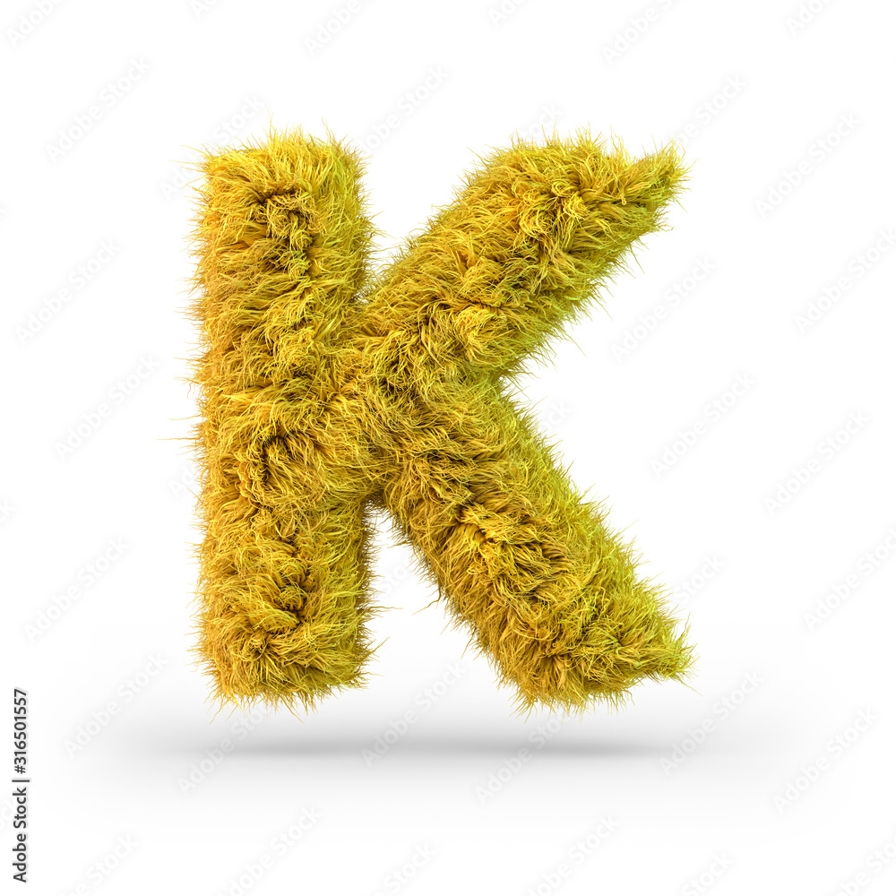 Capital letter K. Uppercase. Yellow fluffy and furry font. 3D Capital letter K. Uppercase. Yellow fluffy and furry font. 3D