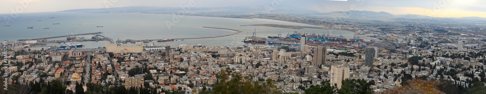 Panoramic view of the city of Haifa, Israel. The downtown area and the port of Haifa.