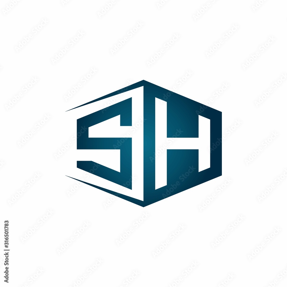 SH monogram logo with hexagon shape and negative space style ribbon design template