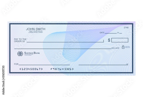 Blank bank cheque with abstract watermark. Personal desk check template with empty field to fill. Banknote, money design,currency, bank note, voucher, gift certificate, money coupon vector photo