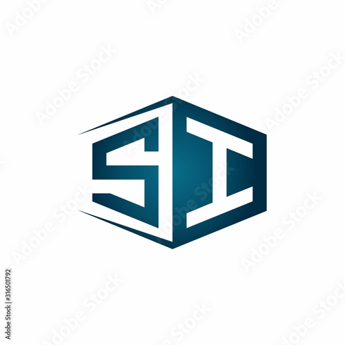 SI monogram logo with hexagon shape and negative space style ribbon design template