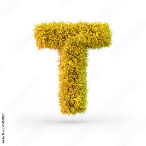 Capital letter T. Uppercase. Yellow fluffy and furry font. 3D