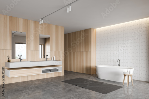White tile and wood bathroom corner