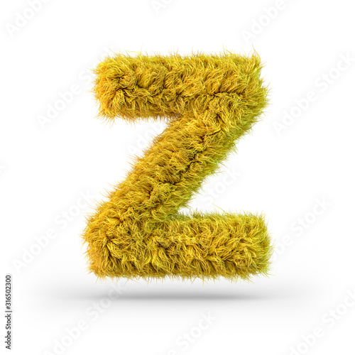 Capital letter Z. Uppercase. Yellow fluffy and furry font. 3D