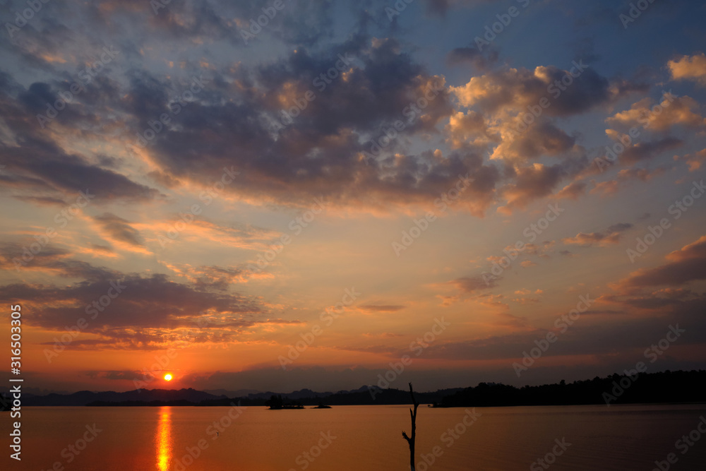 beautiful sunset sky over the lake