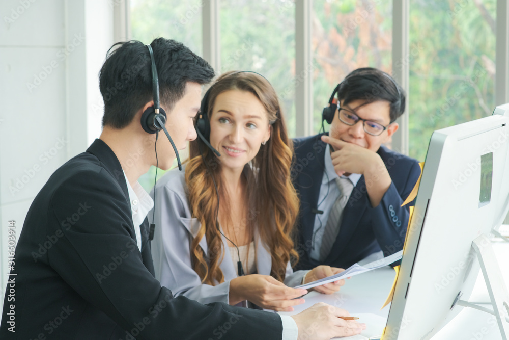 Group of business call center various asian and caucasian nationality multi language operator Group of business call center various asian and caucasian nationality multi language operator