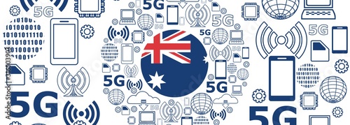 Mobile gadgets technology relative vector image. Circle frame with technology thin line icons. 5G Network Symbol. Flag of the Australia