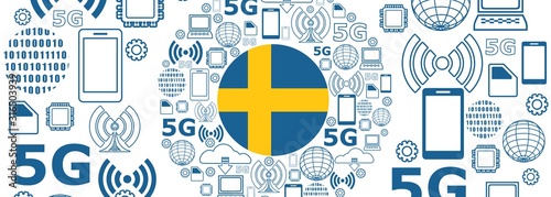 Mobile gadgets technology relative vector image. Circle frame with technology thin line icons. 5G Network Symbol. Flag of the Sweden