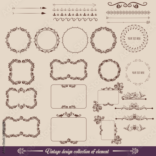 set of vintage frames and design elements and creative modern vintage calligraphic design elements. Decorative swirls or scrolls  vintage elements  flourishes  labels and dividers . Retro vector illus