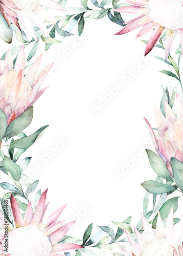 Watercolor frame with eucalyptus branch and protea for card, wedding, greetin...