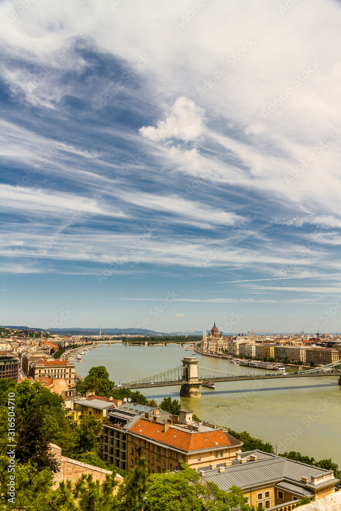 River Danube in Budapest Hungary, parliament and the Chain Bridge, portrait.